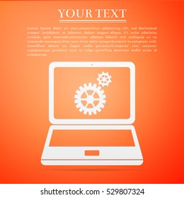 Laptop and gears flat icon on orange background. Vector Illustration