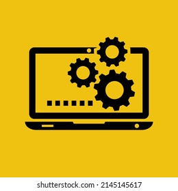 Laptop and gears icon. Computer service. Technical support sign. Gears on screen laptop. Vector illustration flat design. Isolated on yellow background.