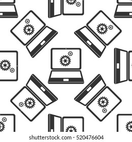 Laptop and gears icon seamless pattern on white background. Vector Illustration