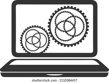 Laptop and gears icon, Technical support icon. Computer service, System performance tuning, management on white isolated background