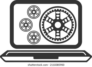 Laptop and gears icon, Technical support icon. Computer service, System performance tuning, management on white isolated background