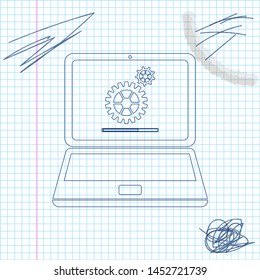 Laptop and gears line sketch icon isolated on white background. Laptop service concept. Adjusting app, setting options, maintenance, repair, fixing laptop concepts. Vector Illustration