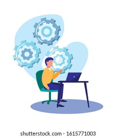 Laptop gears and man design, Digital technology communication social media internet web and screen theme Vector illustration