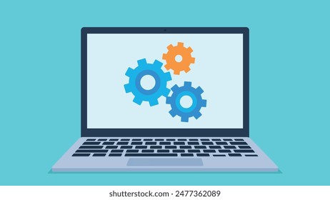 Laptop with gears on the screen. There are three gears on the laptop screen. One is orange and two are in different shades of color. Vector graphics in a flat style.