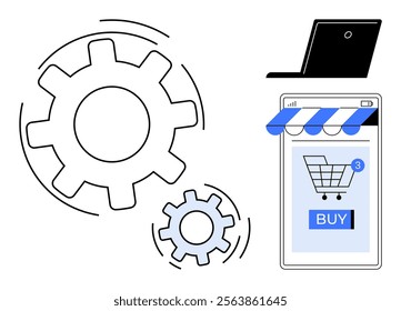 Laptop, gears, and shopping cart symbolize online shopping and automation. Ideal for e-commerce, technology, automation, online shopping, business process optimization. Flat vector style