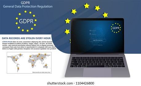laptop and General Data Protection Regulation padlock on screen. Authentication page on computer screen with gdpr protection sign