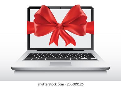 Laptop as a gift with bow on screen, vector