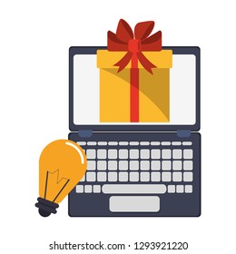 laptop with gift box and bulb light symbol