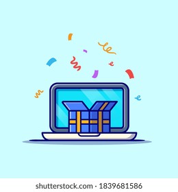 Laptop With Gift Box Cartoon Vector Icon Illustration. Business Technology Icon Concept Isolated Premium Vector. Flat Cartoon Style