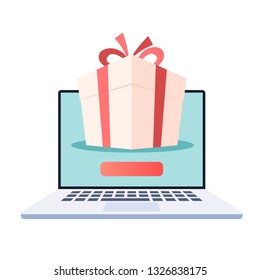 Laptop with gift box on the screen. Online store, web shopping, winning online promotions. Vector illustration in trendy flat style isolated on white background