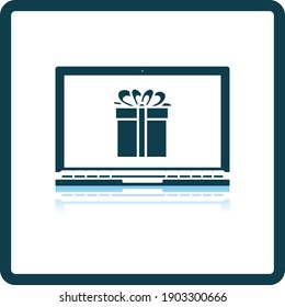 Laptop With Gift Box On Screen Icon. Square Shadow Reflection Design. Vector Illustration.