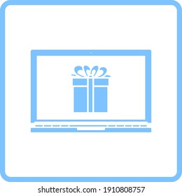 Laptop With Gift Box On Screen Icon. Blue Frame Design. Vector Illustration.