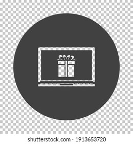 Portátil Con Caja De Regalo En Icono De Pantalla. Reducir el diseño del patrón en la cuadrícula de transparencia. Ilustración vectorial.