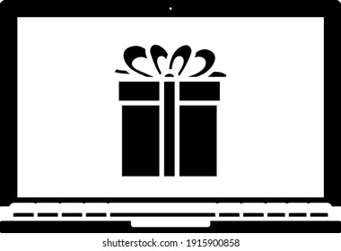 Laptop With Gift Box On Screen Icon. Black Stencil Design. Vector Illustration.