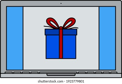 Laptop With Gift Box On Screen Icon. Editable Outline With Color Fill Design. Vector Illustration.