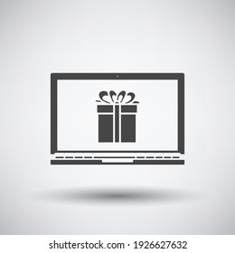 Laptop With Gift Box On Screen Icon. Dark Gray on Gray Background With Round Shadow. Vector Illustration.