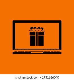 Laptop With Gift Box On Screen Icon. Black on Orange Background. Vector Illustration.