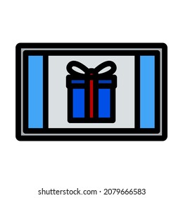 Laptop With Gift Box On Screen Icon. Editable Bold Outline With Color Fill Design. Vector Illustration.