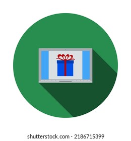 Portátil Con Caja De Regalo En Icono De Pantalla. Diseño De Esténcil De Círculo Plano Con Sombra Larga. Ilustración vectorial.