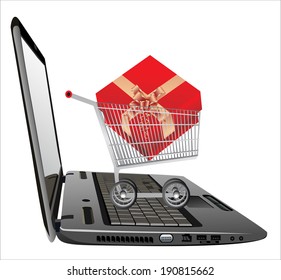 Laptop with Gift in shopping cart