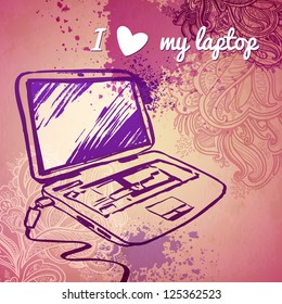 laptop for girls. vector sketch on a pink background