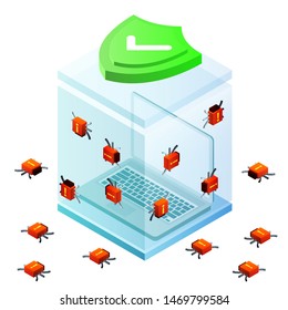 Laptop in glass box with red bug viruses around. Isometric 3d data protection or digital online security concept. Flat vector illustration.