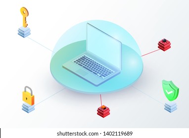 Laptop in glass dome with key, padlock, green shield and virus. Isometric 3d data protection or digital online security concept. Flat vector illustration.