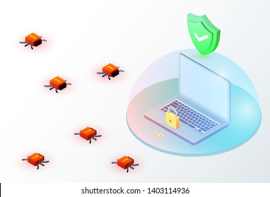 Laptop in glass dome and red bug viruses around. Isometric 3d data protection or digital online security concept. Flat vector illustration.