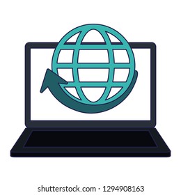 laptop with global sphere and arrow