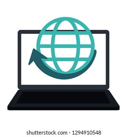 laptop with global sphere and arrow