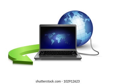 laptop, globe and arrow. concept vector illustration