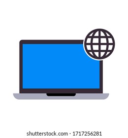 Icono de globo portátil. Globo en pantalla de icono de portátil aislado en fondo blanco. Equipo portátil con señal de globo. Ilustración vectorial. Pasos 10