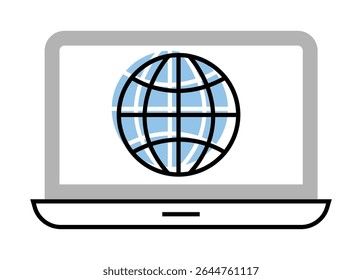 Laptop with Globe on it screen icon, on transparent background, flat line design, vector illustration