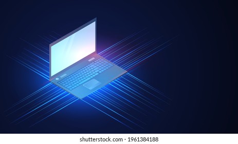 Laptop with glowing lines on a dark background