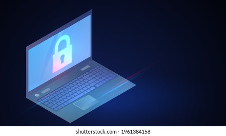 Laptop with glowing the lock icon on the screen on a dark background, cybersecurity and encryption concept