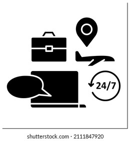 Laptop Glyph Icon. Travel Consultation.Day-and-night Client Support. Advice About Business Trip, Timely Residence.Small Business Owner Concept.Filled Flat Sign. Isolated Silhouette Vector Illustration