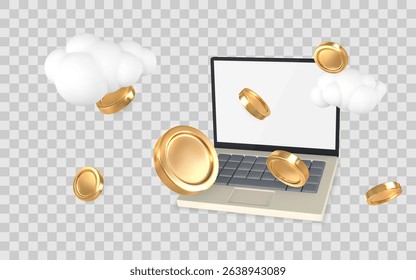 Laptop with Gold Coins and Cloud Elements Representing Online Income, Digital Finance, and Cloud Technology on Transparent Background. Vector Illustration.