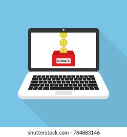 Laptop with gold coins and donate button on screen. Vector illustration.