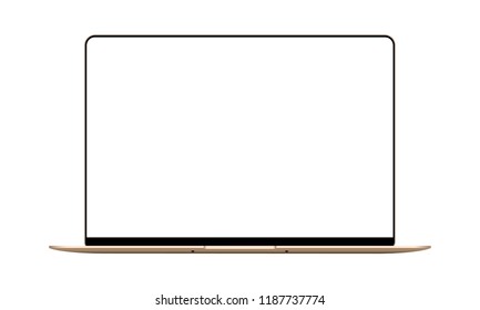 Laptop gold mock up with blank frameless screen - front view. Vector illustration