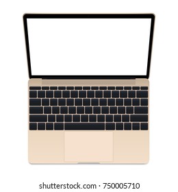 Laptop gold mockup with blank screen isolated on white background - top view. Vector illustration