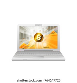 Laptop with golden bitcoin cryptocurrency in the bright rays on background with statistics chart showing various visualization on  screen
