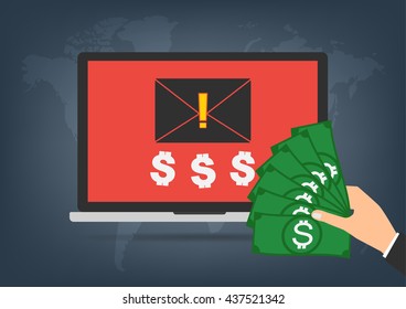 Laptop got blackmail ransom latter request money for paying importance data form businessman with banknote on world map background. Vector illustration technology data privacy and security concept.