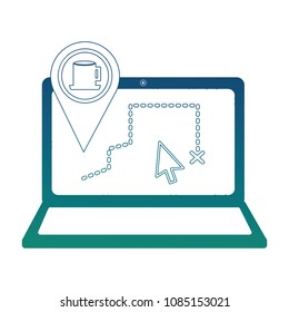 laptop with gps application and pin location cup coffee
