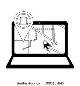 laptop with gps application and pin location cup coffee