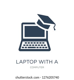 laptop with a graduation cap icon vector on white background, laptop with a graduation cap trendy filled icons from Computer collection, laptop with a graduation cap vector illustration