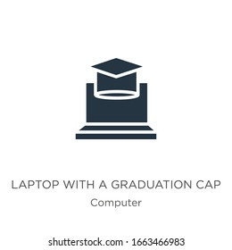 Portátil con un vector de icono del tapón de graduación. Portátil plano de moda con un icono de tapón de graduación de la colección de ordenadores aislado en fondo blanco. La ilustración vectorial se puede utilizar para la web y la telefonía móvil 