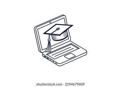 laptop with a graduation cap line art vector illustration