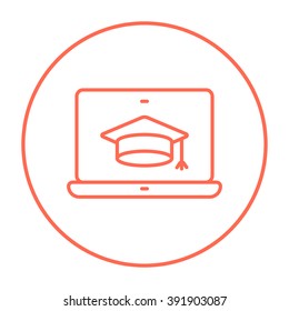 Laptop with graduation cap on screen line icon.