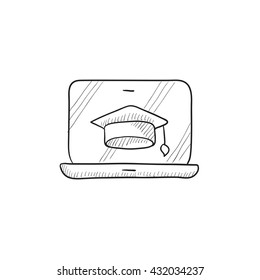 Laptop with graduation cap on screen vector sketch icon isolated on background. Hand drawn Laptop with graduation cap icon. Laptop with graduation cap sketch icon for infographic, website or app.
