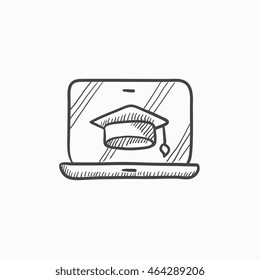 Laptop with graduation cap on screen vector sketch icon isolated on background. Hand drawn Laptop with graduation cap icon. Laptop with graduation cap sketch icon for infographic, website or app.